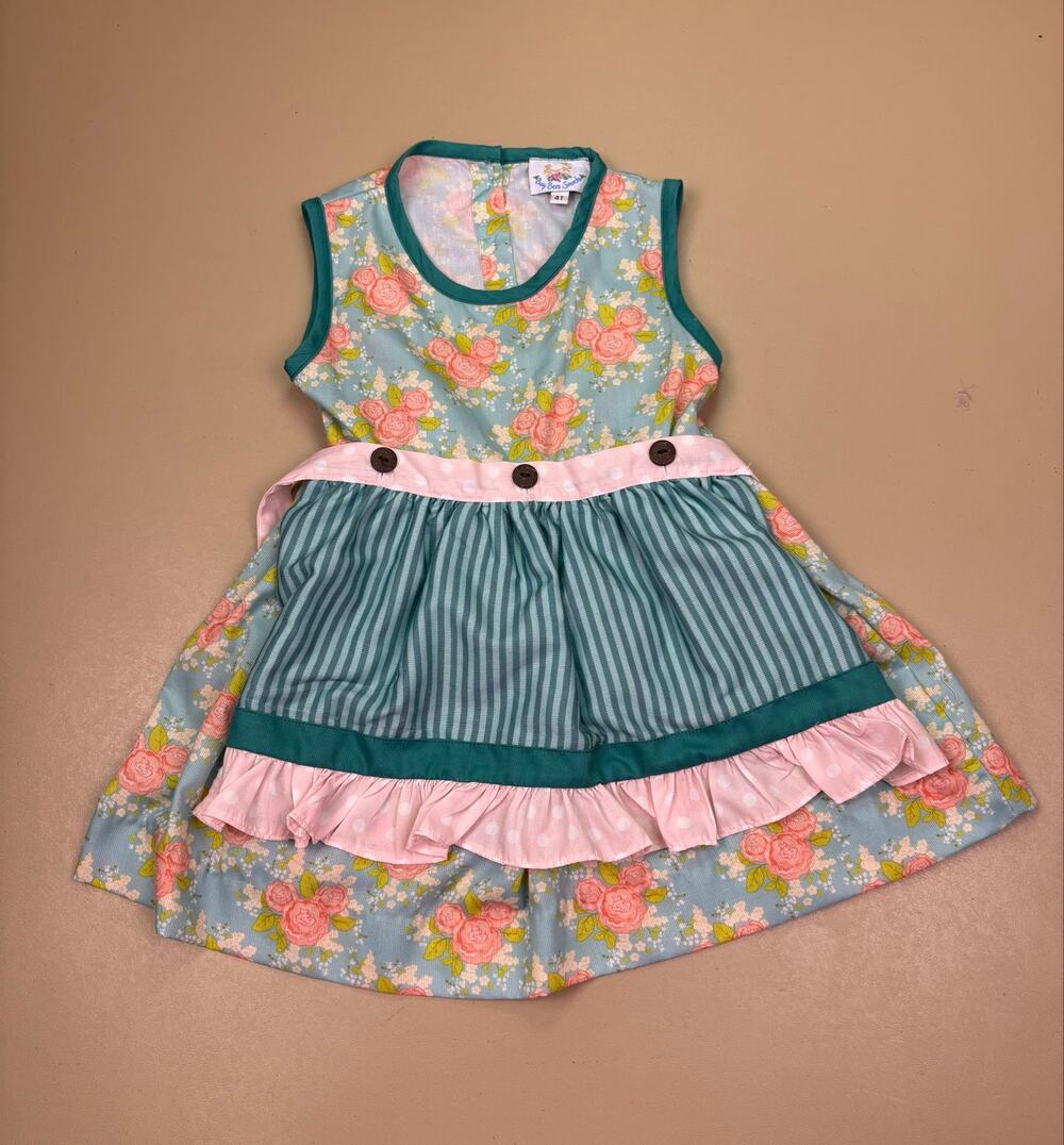 Busy Bee Smocks Girls 4T Floral Dress Removable Apron Pinafore Pink Blue EUC